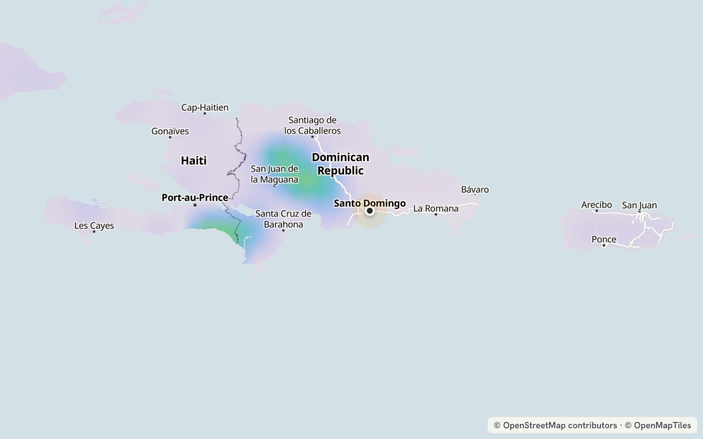 Comfort map around Santo Domingo: 0 just-right days a year