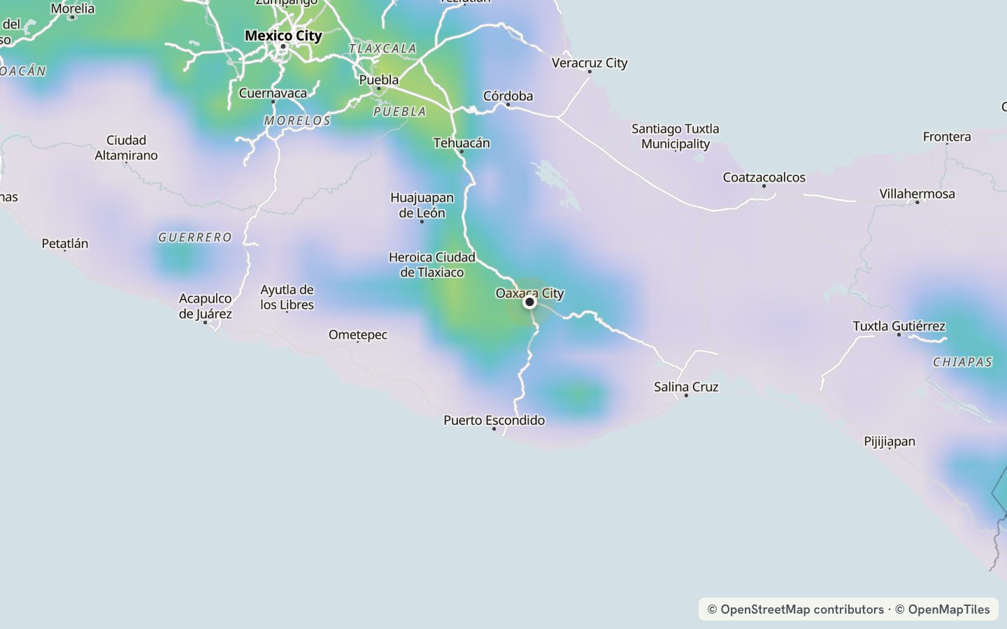 Comfort map around Oaxaca: 102 just-right days a year