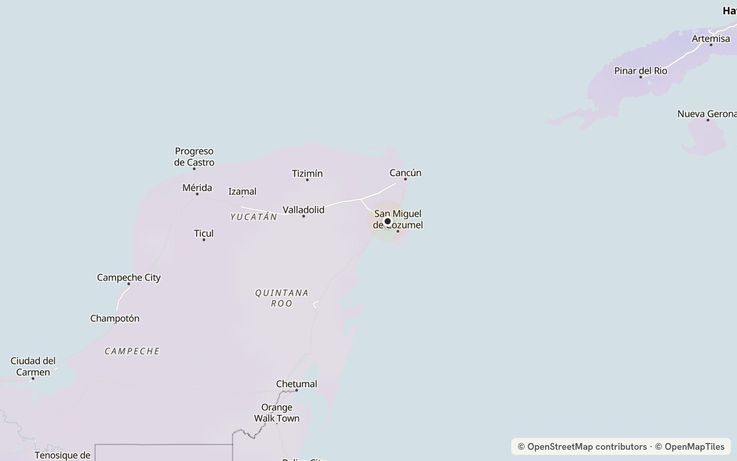 Comfort map around Playa del Carmen: 0 just-right days a year