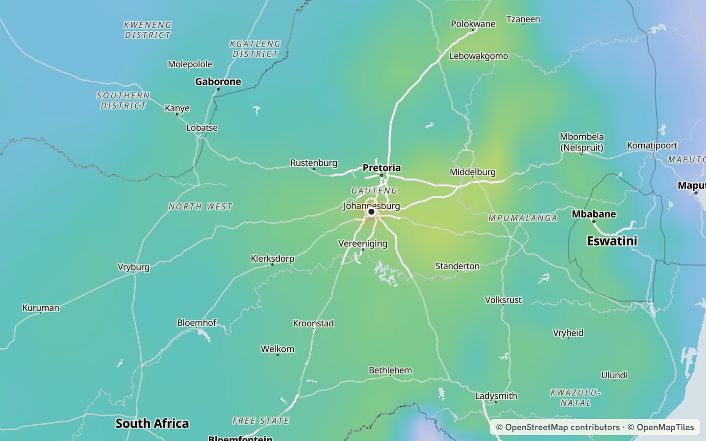 Comfort map around Johannesburg: 134 just-right days a year