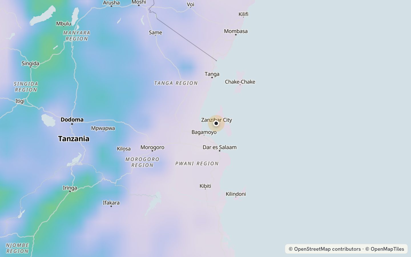 Comfort map around Zanzibar: 0 just-right days a year