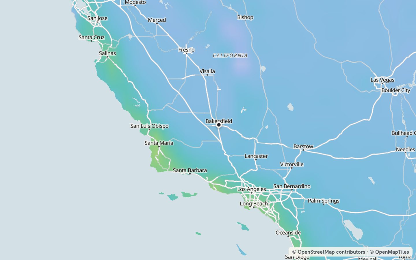 Comfort map around Bakersfield: 55 just-right days a year